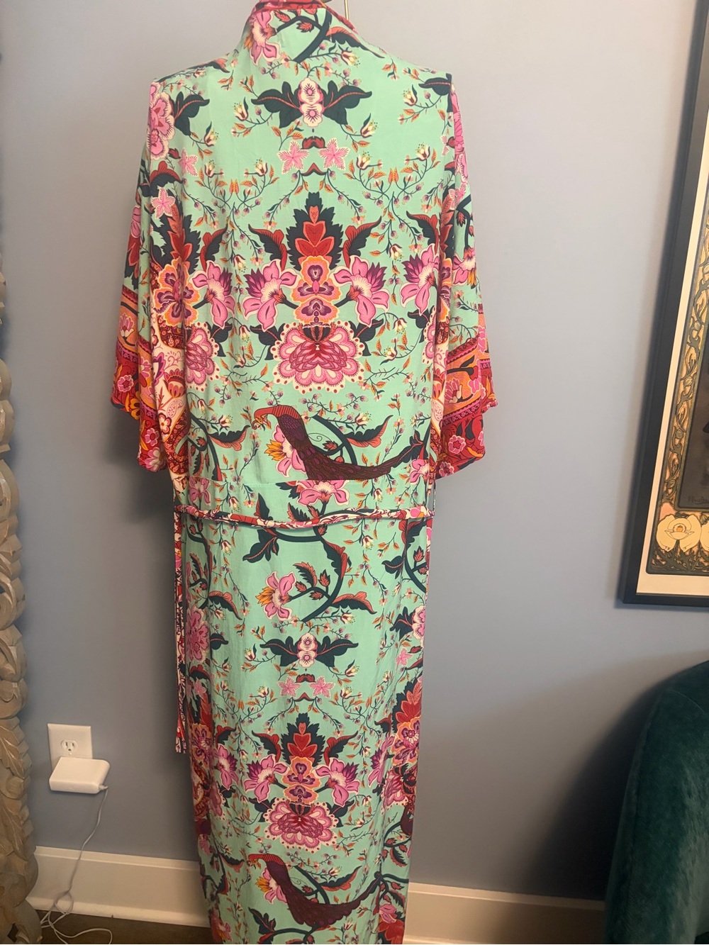 Anthropologie Mint Long Floral Kimono Robe Pink & Orange Trim - Picture 2 of 5